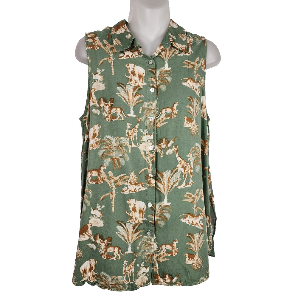 Rose & Olive Womens Top Sleeveless Button Front Jungle Print Green Safari Medium
